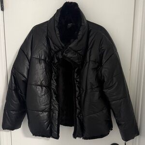 Express black puffer jacket with faux fur collar and trim